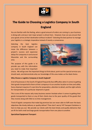 The Guide to Choosing a Logistics Company in South England