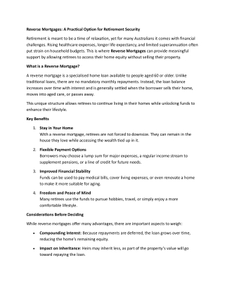 Reverse Mortgages A Practical Option for Retirement Security