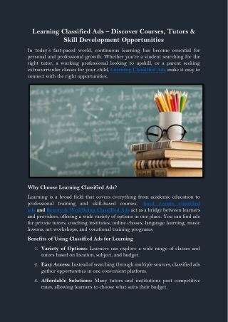 Learning Classified Ads – Discover Courses, Tutors & Skill Development Opportunities