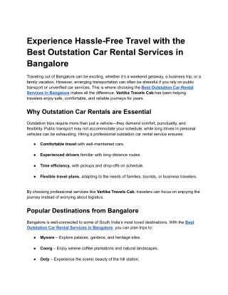Experience Hassle-Free Travel with the Best Outstation Car Rental Services in Bangalore
