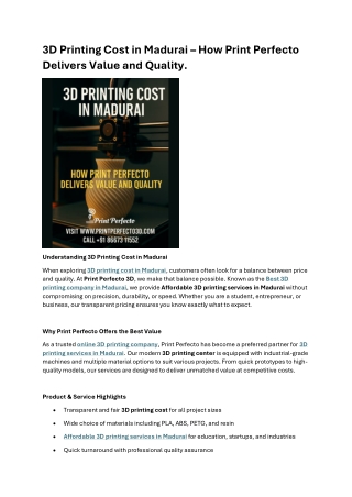 3D Printing Cost in Madurai How Print Perfecto Delivers Value and Quality