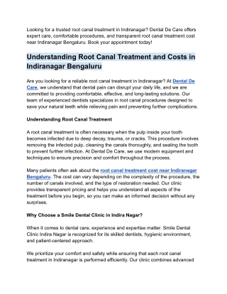 Understanding Root Canal Treatment and Costs in Indiranagar Bengaluru