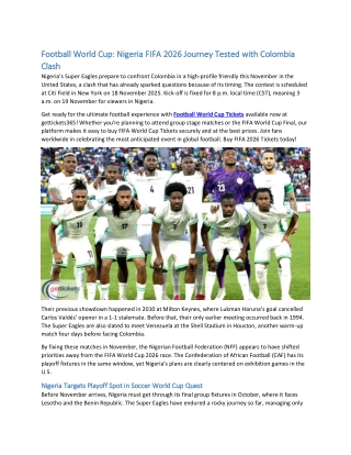 Football World Cup Nigeria FIFA 2026 Journey Tested with Colombia Clash