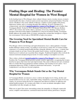 Premier Mental Hospital for Women in West Bengal