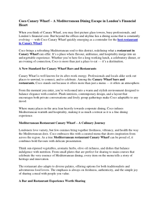 Coco Canary Wharf – A Mediterranean Dining Escape in London’s Financial Heart