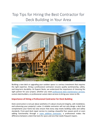 Top Tips for Hiring the Best Contractor for Deck Building in Your Area