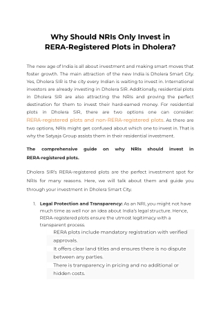 Why Should NRIs Only Invest in RERA-Registered Plots in Dholera