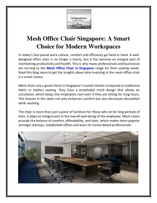 Mesh Office Chair Singapore - A Smart Choice for Modern Workspaces