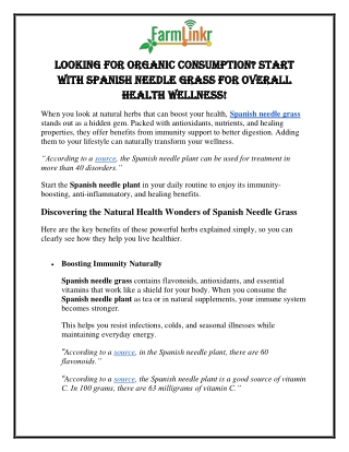 Looking for Organic Consumption Start with Spanish Needle Grass for Overall Health Wellness