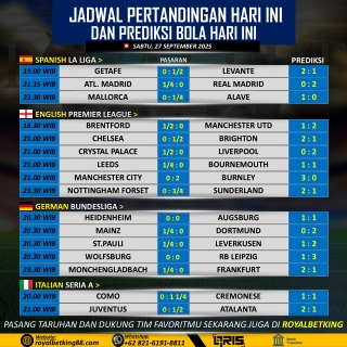 JADWAL & PREDIKSI PERTANDINGAN BOLA HARI INI DI ROYALBETKING