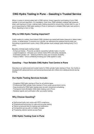CNG Kit Fitting and Hydro testing in Pune | Gasoline Fuel Systems India