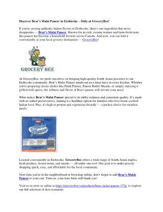 Discover Brar’s Malai Paneer in Etobicoke – Only at GroceryBee!