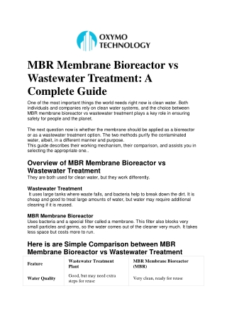 MBR Membrane Bioreactor vs Wastewater Treatment