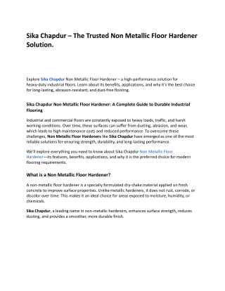 Sika Chapdur – The Trusted Non Metallic Floor Hardener Solution