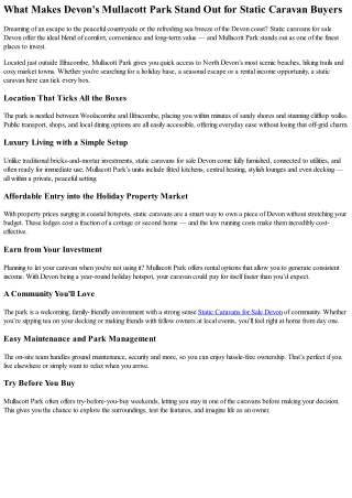 Explore Static Caravans for Sale in Devon at Mullacott Park