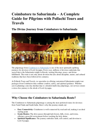 Coimbatore to Sabarimala Distance | Route Guide & Temple Tour
