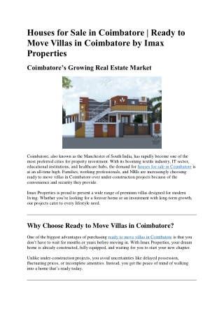 Ready to Move Villas in Coimbatore | Houses for Sale – IMAX Properties
