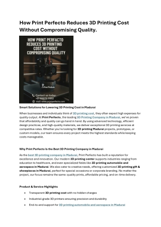 How Print Perfecto Reduces 3D Printing Cost Without Compromising Quality