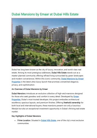 Dubai Mansions by Emaar at Dubai Hills Estate