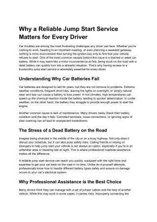 Why a Reliable Jump Start Service Matters for Every Driver