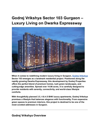 Godrej Vrikshya Sector 103 Gurgaon – Luxury Living on Dwarka Expressway