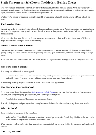 What You Need to Know About Static Caravans for Sale Devon