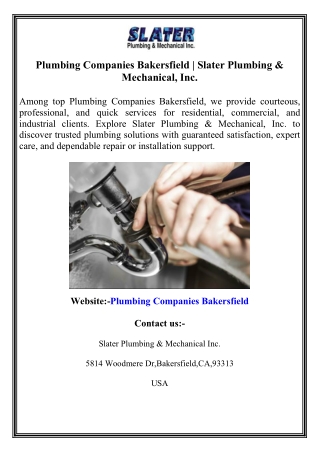 Plumbing Companies Bakersfield  Slater Plumbing & Mechanical, Inc