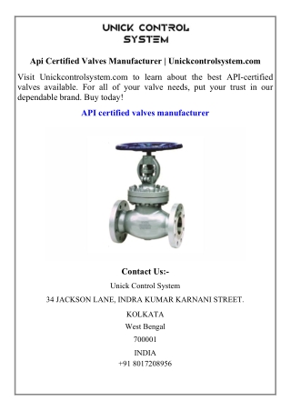Api Certified Valves Manufacturer  Unickcontrolsystem.com