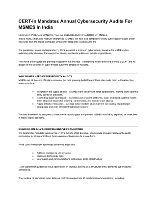 CERT-In Mandates Annual Cybersecurity Audits For MSMES In India