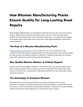 How Bitumen Manufacturing Plants Ensure Quality for Long-Lasting Road Repairs