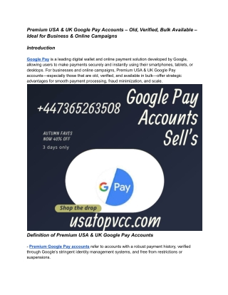 Buy Aged Google Pay Account – 100% Verified, Trusted, Bulk Available with Fast a