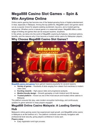 Mega888 Casino Slot Games