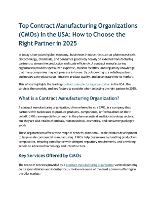 Top Contract Manufacturing Organizations (CMOs) in the USA- How to Choose the Right Partner in 2025