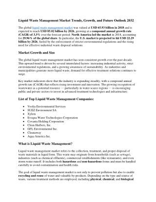 Liquid Waste Management Market Opportunities, Global Challenges & Forecast 2032