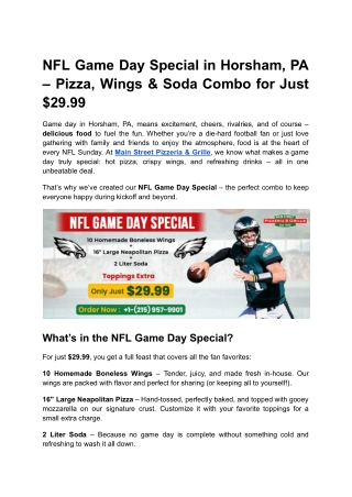 NFL Game Day Special in Horsham, PA – Pizza, Wings & Soda Combo for Just $29