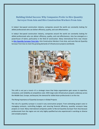 Building Global Success: Why Companies Prefer to Hire Quantity Surveyor from Asi