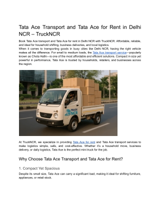 Tata Ace Transport and Tata Ace for Rent in Delhi NCR – TruckNCR