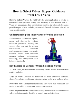 How to Select Valves- Expert Guidance from CWT Valve