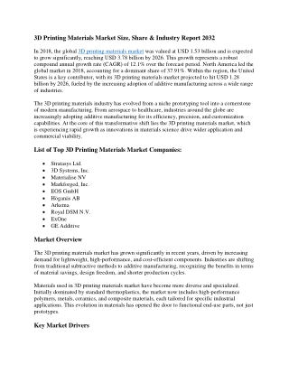 3D Printing Materials Market Industry Insights, Restraints & Forecast 2032