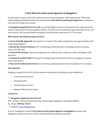 5-Star Hotel Security Guard Agencies in Bangalore