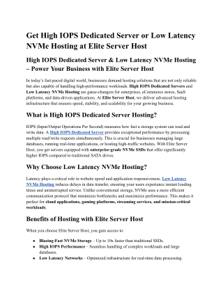 Get High IOPS Dedicated Server or Low Latency NVMe Hosting at Elite Server Host