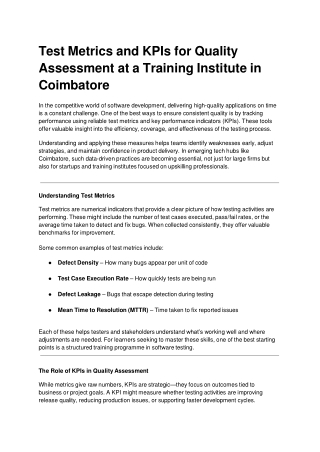 Test Metrics and KPIs for Quality Assessment at a Training Institute in Coimbatore