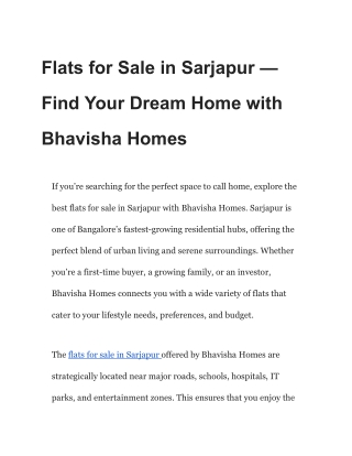 Flats for Sale in Sarjapur — Find Your Dream Home with Bhavisha Homes