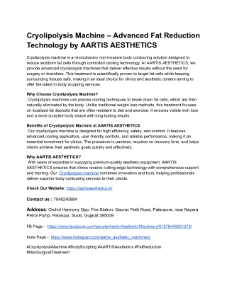 Cryolipolysis Machine – Advanced Fat Reduction Technology by AARTIS AESTHETICS