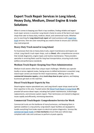 Expert Truck Repair Services in Long Island, Heavy Duty, Medium, Diesel Engine & trade Solutions