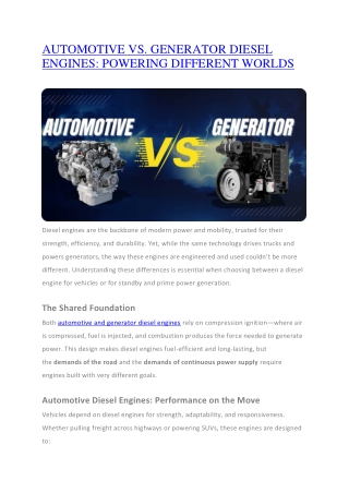 Automotive vs. Generator Diesel Engines: Same Power, Different Purpose