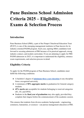 Pune Business School Admission Criteria 2025 – Eligibility, Exams & Selection Process