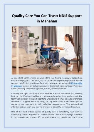 Quality Care You Can Trust - NDIS Support in Manahan