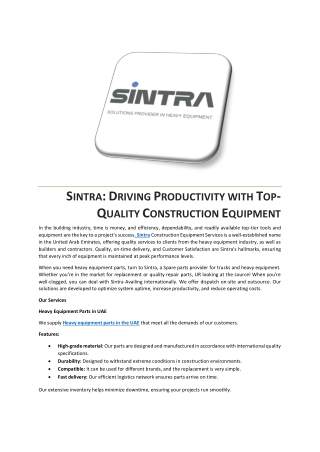 SINTRA DRIVING PRODUCTIVITY WITH TOP-QUALITY CONSTRUCTION EQUIPMENT