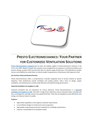 PRESTO ELECTROMECHANICS YOUR PARTNER FOR CUSTOMIZED VENTILATION SOLUTIONS